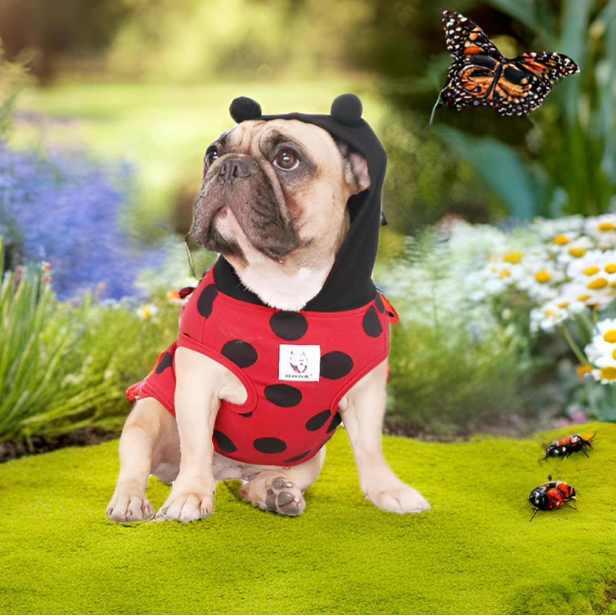 Transform Your Pup into a Ladybug Superstar with our Hilariously Adorable Ladybird Costume Hoodie for French Bulldogs and Friends!